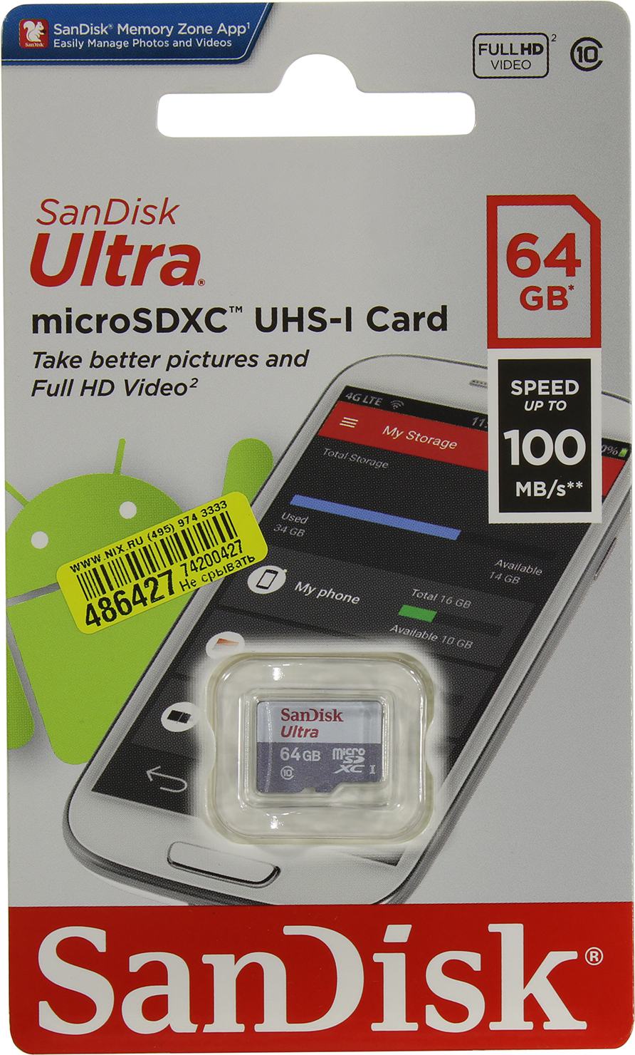 Карта памяти sandisk ultra 64 гб sdsqunr 064g gn3mn