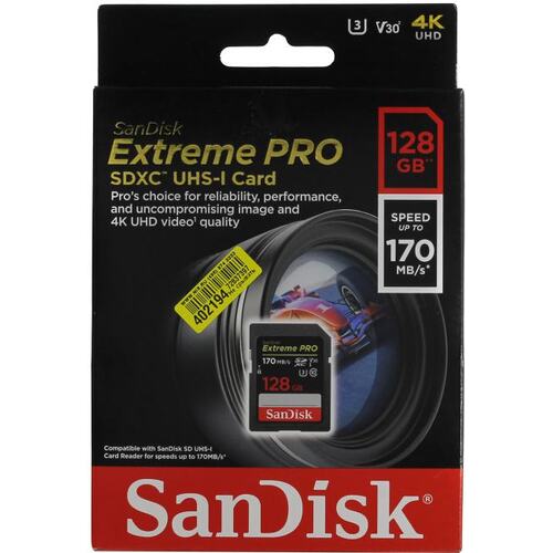 SDXC карта SanDisk Extreme Pro SDSDXXY-128G-GN4IN 128 Гб V30, UHS-I Class 3 (U3), Class 10