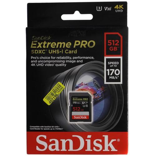 SDXC карта SANDISK Extreme Pro SDSDXXY-512G-GN4IN 512 Гб V30, UHS-I Class 3 (U3), Class 10