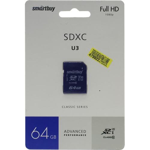SDXC карта SmartBuy SB64GBSDXC10U3 64 Гб V30, UHS-I Class 3 (U3), Class 10
