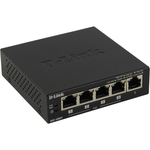 D-Link <DGS-1005P/A1A> Неуправляемый коммутатор (5 x 1 Гбит/с, 4 порта IEEE 802.3at (PoE+))