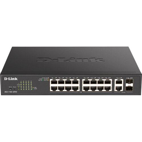 D-Link <DGS-1100-18PV2/ A3A> Управляемый коммутатор (18 x 1 Гбит/с, 2 x SFP, 16 портов IEEE 802.3at (PoE+))