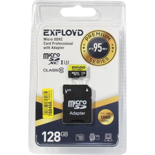 Карта памяти EXPLOYD EX128GCSDXC10UHS-1-ElU3-AD microSDXC UHS-I Class 3 (U3), Class 10 128 ГБ +microSD->SD адаптер