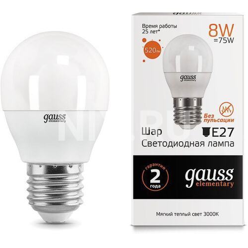 GAUSS 53218 Лампа светодиодная LED 8 Вт 520 Лм 3000К теплая Е27 Шар Elementary Gauss (53218)