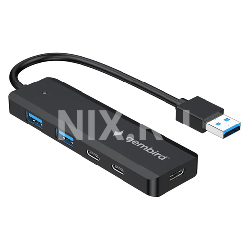 UHB-C415 Разветвитель USB3.1 Gembird UHB-C415, 2хUSB, 2хType-C, с доп.питанием (порт Type-C), кабель USB 19см, черный,