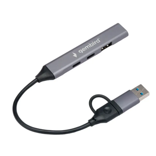 UHB-C444 Разветвитель USB3.0/2.0 Gembird UHB-C444, 4 порта: 2хType-C, USB3.0, USB2.0, OTG, кабель Type-C+USB 15см, алюм