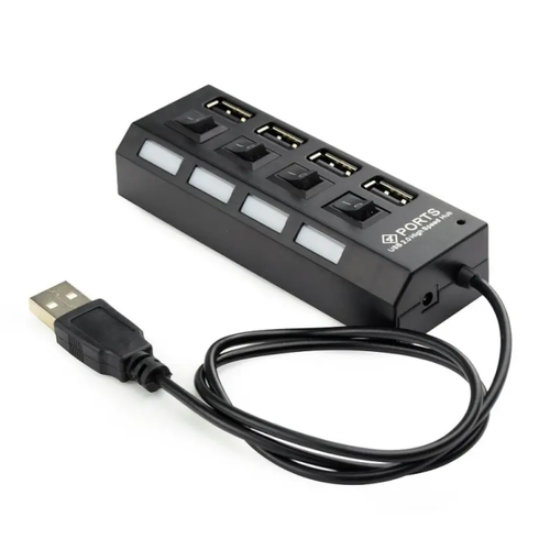 UHB-U2P4-02A Разветвитель USB2.0 Gembird UHB-U2P4-02A, 4хUSB, блок питания 2А, подсветка и выключатели, кабель USB 55см