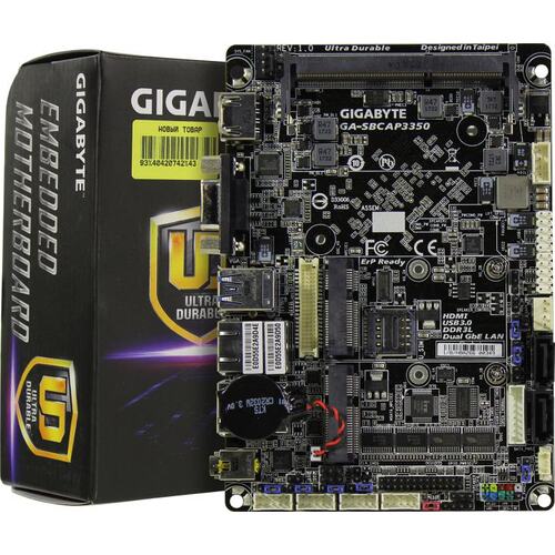 Материнская плата Предустановленный процессор Intel Celeron N3350 (1.1 - 2.4 ГГц, 2 ядра, 6 Вт) GIGABYTE GA-SBCAP3350 1LV SO-DIMM DDR3 SBC (146 x 102 мм)