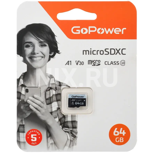 GoPower 00-00025677 Карта памяти microSD GoPower 64GB Class10 70 МБ/сек V30 без адаптера