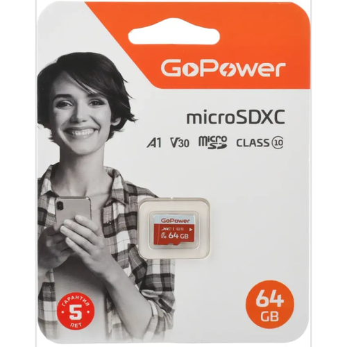 GoPower 00-00025681 Карта памяти microSD GoPower 64GB Class10 UHS-I (U3) 100 МБ/сек V30 без адаптера