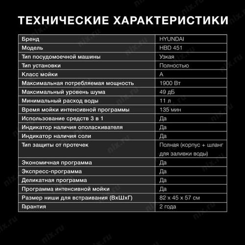 Посудомоечная машина встраив. Hyundai HBD 451 1900Вт узкая