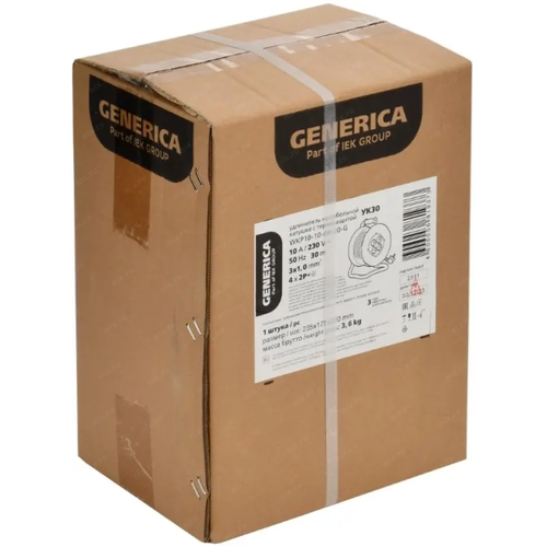 Удлинитель силовой IEK GENERICA УК30 (WKP10-10-04-30-G) 2x1.0кв.мм 4розет. 30м ПВС 10A катушка черный