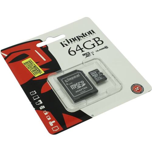 Карта памяти Kingston SDCX10/64GB microSDXC Class 10 64 ГБ +microSD->SD адаптер