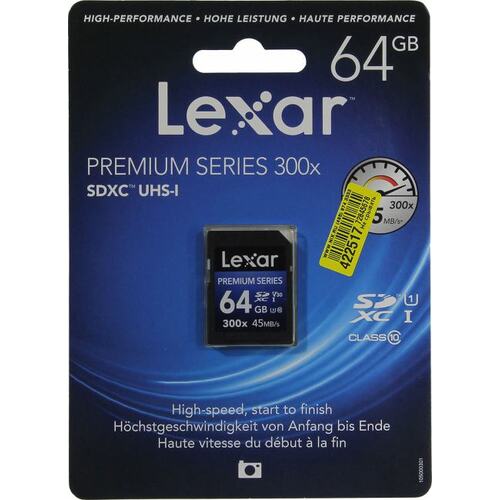 Карта памяти Lexar Premium 300x SDXC V30, UHS-I Class 3 (U3), Class 10 64 ГБ