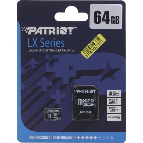 Карта памяти Patriot PSF64GMCSDXC10 microSDHC UHS-I Class 1 (U1), Class 10 64 ГБ +microSD->SD адаптер