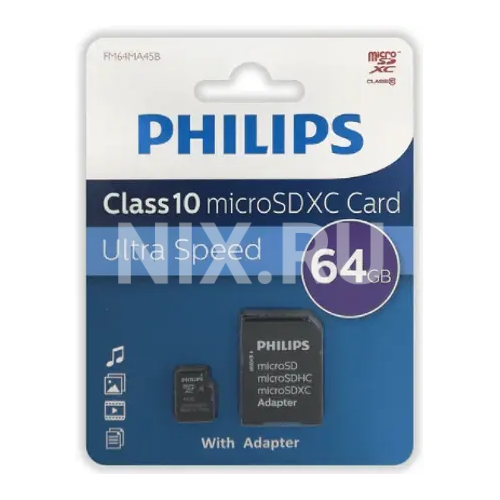 PHILIPS <FM64MA45B/97> microSDXC Memory Card 64Gb Class10 + microSD-->SD Adapter