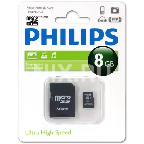FM08MA45B/97 Флеш карта microSD 8GB PHILIPS microSDHC Class 10 (SD адаптер)