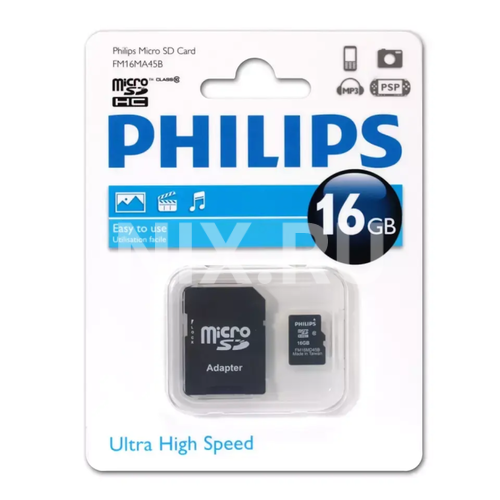 FM16MA45B/97 Флеш карта microSD 16GB PHILIPS microSDHC Class 10 (SD адаптер)