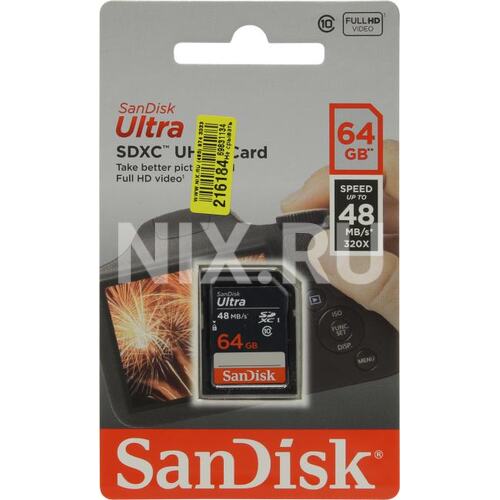 Карта памяти SanDisk Ultra SDSDUNB-064G-GN3IN SDXC UHS-I Class 1 (U1), Class 10 64 ГБ