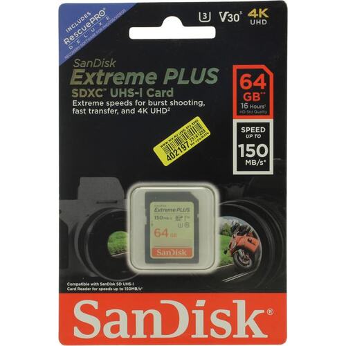 Карта памяти SanDisk Extreme Plus SDSDXW6-064G-GNCIN SDXC V30, UHS-I Class 3 (U3), Class 10 64 ГБ