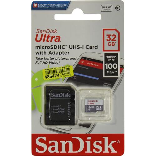 Карта памяти SanDisk Ultra SDSQUNR-032G-GN3MA microSDHC UHS-I Class 1 (U1), Class 10 32 ГБ +microSD->SD адаптер