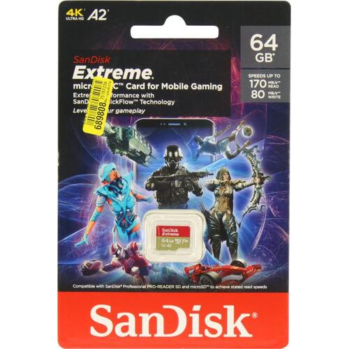 Карта памяти SanDisk Extreme SDSQXAH-064G-GN6GN microSDXC A2, V30, UHS-I Class 3 (U3) 64 ГБ