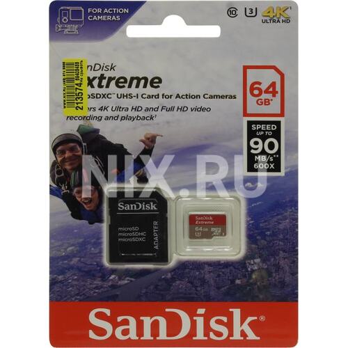 Карта памяти SanDisk Extreme SDSQXNE-064G-GN6AA microSDXC UHS-I Class 3 (U3), Class 10 64 ГБ +microSD->SD адаптер