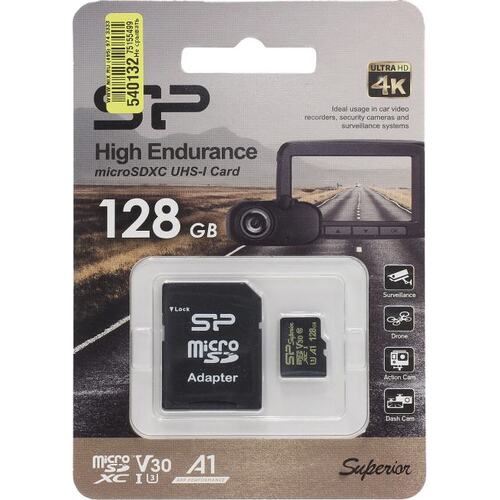 Карта памяти Silicon Power Superior SP128GBSTXDV3V1GSP microSDXC A1, V30, UHS-I Class 3 (U3) 128 ГБ +microSD->SD адаптер