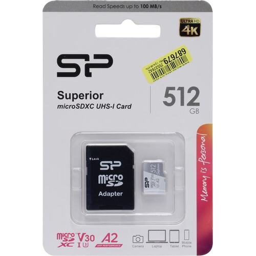 Карта памяти Silicon Power Superior Pro SP512GBSTXDA2V20SP microSDXC A2, V30, UHS-I Class 3 (U3) 512 ГБ +microSD->SD адаптер
