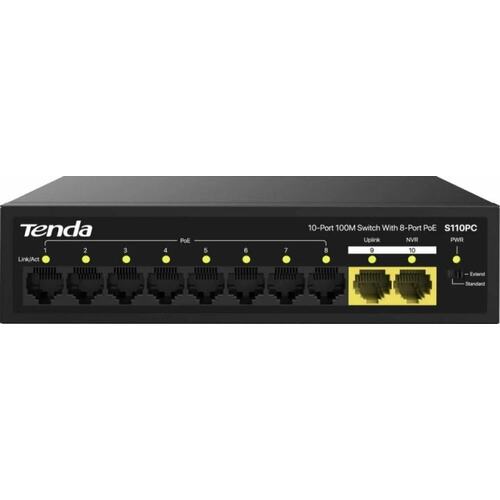 Tenda S110PC коммутатор неуправляемый настольный, 10 портов 10x100 Мбит/с, PoE 8х до 30 Вт