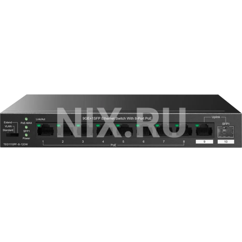 TEG1110PF-8-120W Tenda TEG1110PF-8-120W Коммутатор неуправляемый PoE, 10 портов, 9x1 Гбит/с, SFP 1х1 Гбит/с, PoE 8х30 В