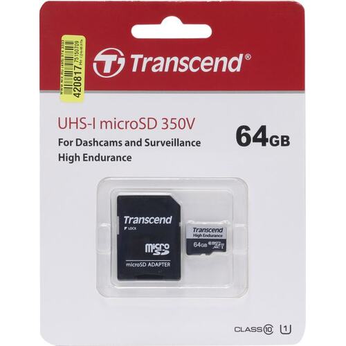Карта памяти Transcend High Endurance 350V TS64GUSD350V microSDXC UHS-I Class 1 (U1), Class 10 64 ГБ +microSD->SD адаптер